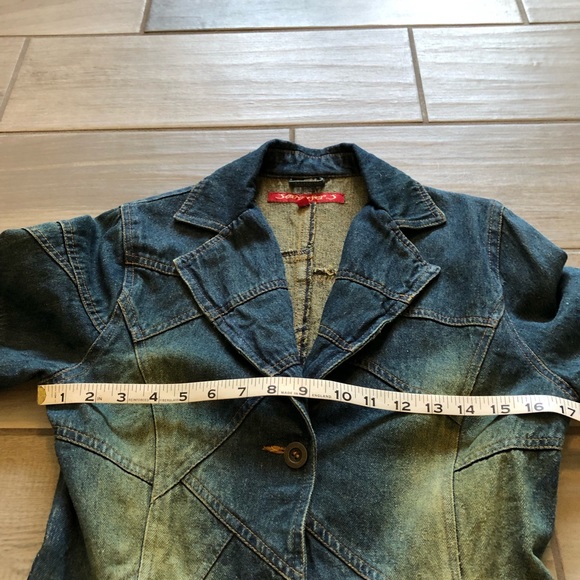 Jennyfer J denim Jean jacket front pockets distressed Patchwork Medium. EC* - Picture 4 of 14